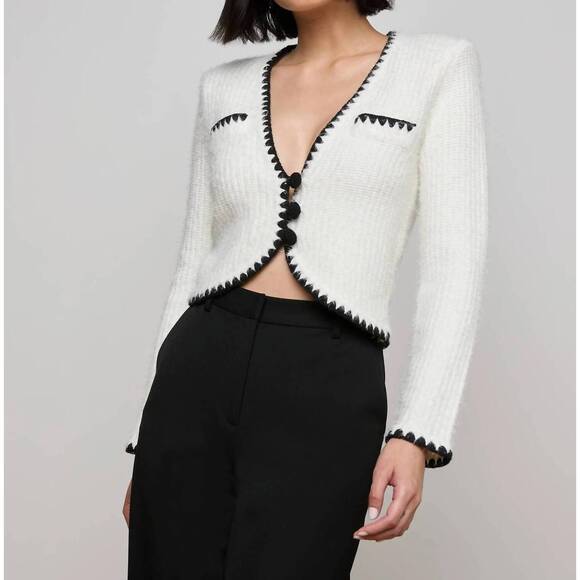 NEW L'AGENCE women's anaya knit cardigan in white/black